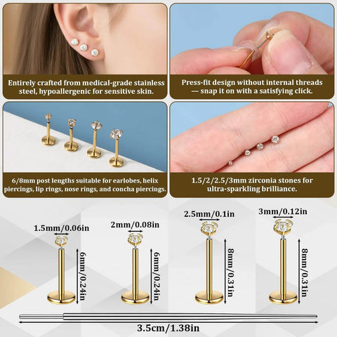Gold Zircon Nose Studs 20 Piece Set Dope Threadless Flat Back Nose Jewelry 18G 20G With Tapered Insertion Pin display and sizing guide