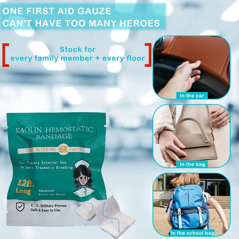 Front view of kaolin hemostatic gauze bandage in teal pouch, 3 x 12.5 in, 2-pack