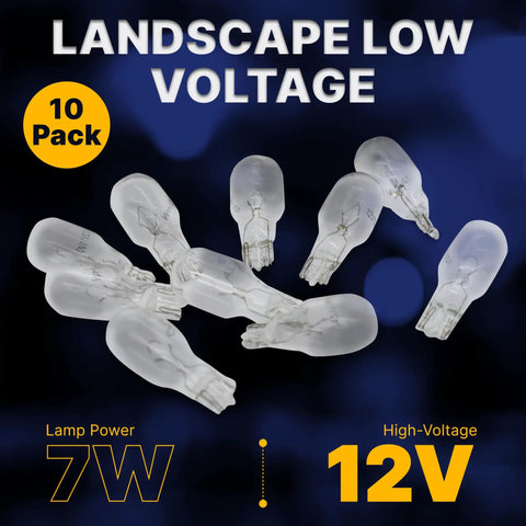 Pack of 10 clear 12 Volt 7 Watt T5 landscape light bulbs with wedge base for low voltage outdoor lighting