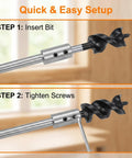 Heavy Duty Six Inch Forstner Bit Extension Rod For Deep Hollow Woodworking showing steps for setup with a carbon steel bit.