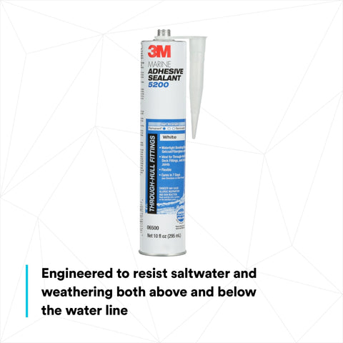 Marine Adhesive Sealant 5200 Waterproof Bonding And Sealing For Boats And RVs Above And Below Waterline White 10 Fl Oz Cartridge Bonds Wood Fiberglass Metal For Decks Hulls Portholes And Transoms shown in a white tube