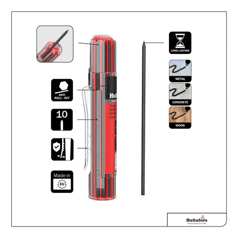 Dry Marker Refills Graphite Leads For HDM In Smart Container Includes Ten Leads Ejects One Lead At A Time Compatible With 18 Mm And 25 Mm Marker Heads Durable Transport Protection shown with long graphite lead and protection symbols, anti-roll container, EU made badge.