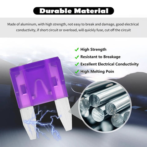 Snap Up This Solid 120 Piece Car Mini Fuses Assortment Kit With Fuse Tester And Puller Tool Covering 2A To 35A Amps Universal Blade Format For Quick Fixes, purple mini fuse with transparent casing.