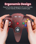 Two Pack Wireless N64 Controller For Switch 1 And 2 And N64 Console Clear Yellow Red held by hands showing ergonomic design.