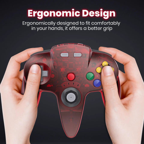 Two Pack Wireless N64 Controller For Switch 1 And 2 And N64 Console Clear Yellow Red held by hands showing ergonomic design.