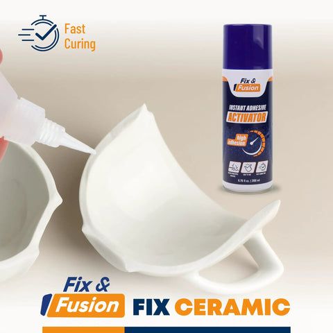 Broken ceramic mug and CA Glue Activator Spray Quick Set Bonding Booster Pro-Grade for Wood Plastic Rubber and Granite 6.76 Fl Oz