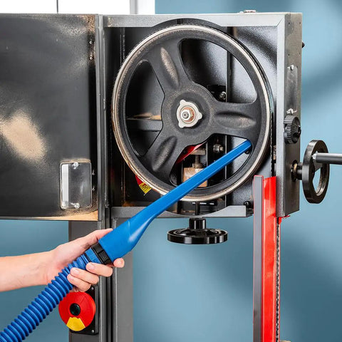 Using 15 Inch Click Connect Needle Nose Crevice Tool for Shop Vac Vacuum Cleaner on machinery part, pro-grade ABS nozzle in action