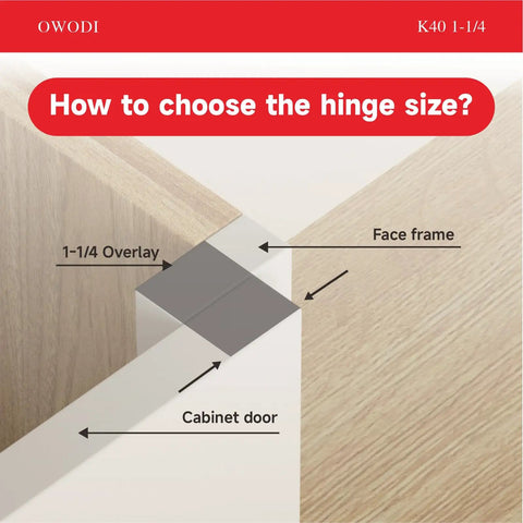 Diagram showing hinge size guide for Six Pack 1-1/4 Inch Overlay 40mm Cup 95 Degree Soft Close Concealed Self Closing Hinges.