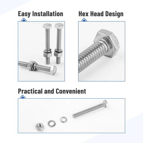 Kickass 10 Pack Of 1/4-20 X 2 Inch Stainless Steel Hex Bolts And Nuts With Washers, rust resistant, shown with hex head design.