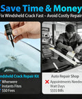 Comparison image of All In One Windshield Repair Kit For Chips And Cracks, Rapid Glass Repair Liquid with a mechanic working on a car windshield.