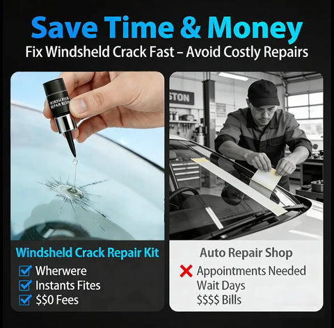 Comparison image of All In One Windshield Repair Kit For Chips And Cracks, Rapid Glass Repair Liquid with a mechanic working on a car windshield.