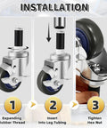 Installation steps for Smooth Rolling Heavy Duty Prep Table Wheels Set Of 4 Expanding Stem Casters showing rubber thread and hex nut tightening.