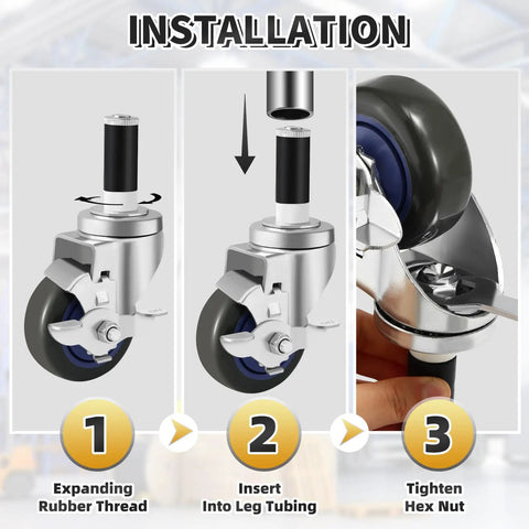 Installation steps for Smooth Rolling Heavy Duty Prep Table Wheels Set Of 4 Expanding Stem Casters showing rubber thread and hex nut tightening.