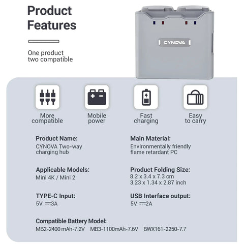 Two Way Battery Charger Hub For DJI Mini 4K And DJI Mini 2 Drones, features text and compatibility details.