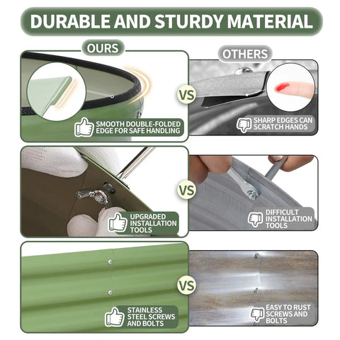 Comparison of galvanized raised garden bed kit features, highlighting smooth edges and upgraded tools for safe assembly