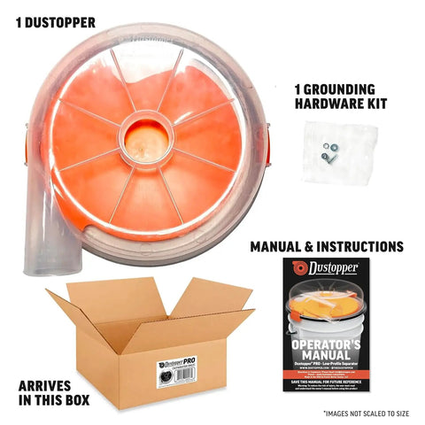 Low Profile Dust Collector Accessory that quickly sucks up fine sawdust and coarse shavings, includes manual and hardware.