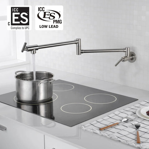 Pot Filler Faucet Wall Mount Brushed Nickel Finish With Dual Swing Joints 304 Stainless Steel Lead Free filling pot on stove