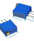 Two blue 3296W multiturn trimmer potentiometers with top adjustment, showing dimensions, from Pro Grade 60Pcs 12 Value Kit 100K To 500K.