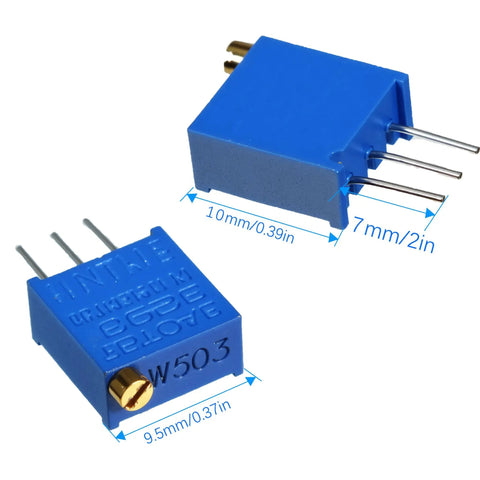Two blue 3296W multiturn trimmer potentiometers with top adjustment, showing dimensions, from Pro Grade 60Pcs 12 Value Kit 100K To 500K.