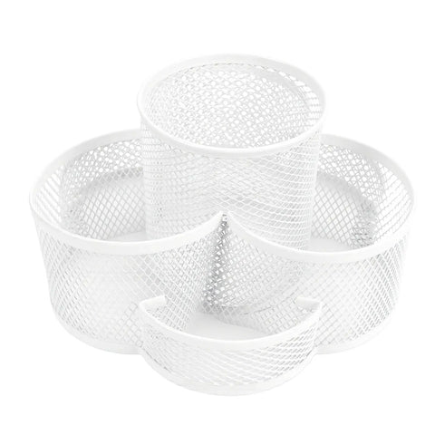 360 Degree Rotating Pencil Holder Made From Sturdy Metal A Round Desk Organizer in white, showing mesh compartments.