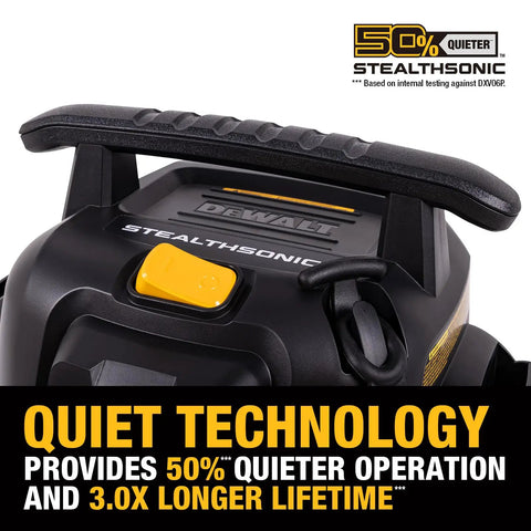 Close-up of Hardworking StealthSonic Wet Dry Shop Vac Six Gallon Five HP Ultra Quiet Vacuum showcasing quiet technology features.