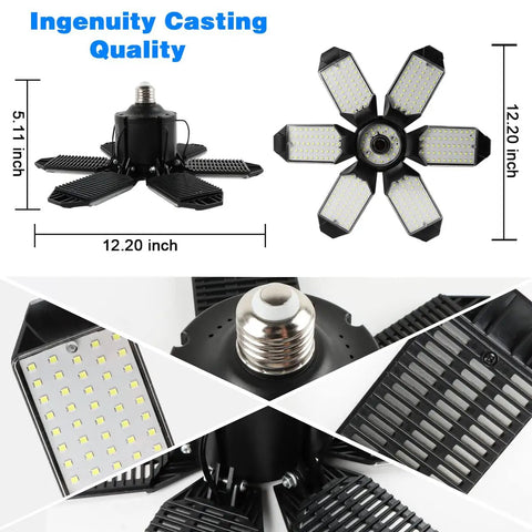 Beast Mode Bright 160W LED Garage Ceiling Light, top view with six deformable panels, E26/E27 socket, daylight 6500K