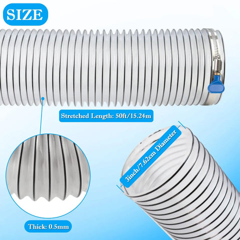 Heavy Duty 3X50 Inch PVC Dust Collection Hose For Woodworking Shops shown with 50ft length and 3 inch diameter, highlighting thickness.