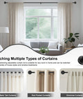 Two Pack Curtain Rods For Windows 28 To 48 Inch Five Eighth Inch Matte Black Adjustable Wrap Around Curtain Rods For Blackout And Room Darkening In A Curved Design shown supporting various curtain styles in a living room setting.