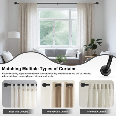 Two Pack Curtain Rods For Windows 28 To 48 Inch Five Eighth Inch Matte Black Adjustable Wrap Around Curtain Rods For Blackout And Room Darkening In A Curved Design shown supporting various curtain styles in a living room setting.