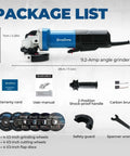 4-1/2-Inch Corded Angle Grinder 1100W 11800RPM Pure Copper Motor display with package list and included accessories.