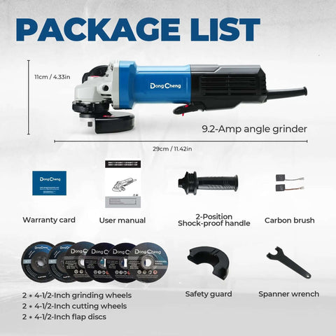 4-1/2-Inch Corded Angle Grinder 1100W 11800RPM Pure Copper Motor display with package list and included accessories.