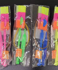 Pack of 12 Cool LED Light Up Helicopters Slingshot Flying Toys in multicolor, packaged in clear bags for outdoor play.