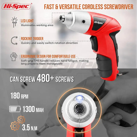 19-Piece 3.6V USB Cordless Power Screwdriver Kit for Home DIY with ergonomic red design, LED light, and 1300 mAh battery.