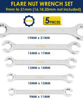 Flare Nut Wrench Set Metric Five Piece For Brake Lines, Fuel Lines, And More, Toolbox Staple, sizes 9mm to 21mm shown in layout.