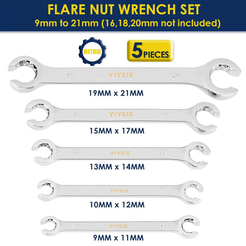 Flare Nut Wrench Set Metric Five Piece For Brake Lines, Fuel Lines, And More, Toolbox Staple, sizes 9mm to 21mm shown in layout.