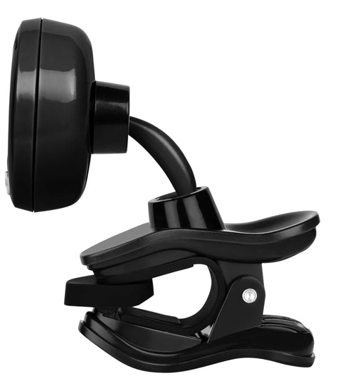 Side view of Clip On Tuner For Guitar, Bass, And Violin With 360 Degree Rotating Display, Stay Put Clip, compact black design