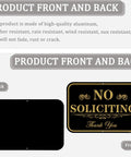 Front and back view of Heavy Duty No Soliciting Yard Sign With 37 Inch Adjustable Stake For Home And Biz 14 By 10 Inch Aluminum Sign.