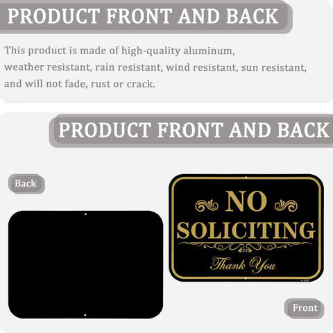 Front and back view of Heavy Duty No Soliciting Yard Sign With 37 Inch Adjustable Stake For Home And Biz 14 By 10 Inch Aluminum Sign.