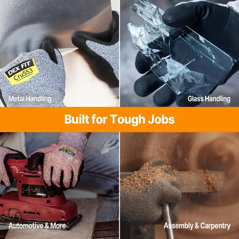 Level 5 Cut Resistant Gloves Cru553 handling metal, glass, automotive tasks, and carpentry, black and gray, large size