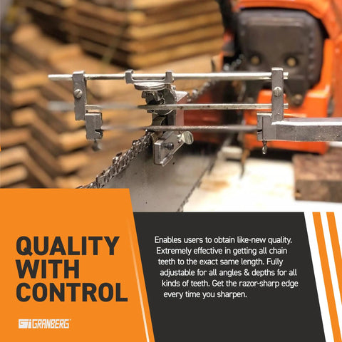 Chainsaw Sharpener With Bar Mounted Guide System For Consistent Teeth Sharpening, G106B Style in use on a chainsaw bar
