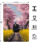 Vintage Steam Train Tin Sign With Cherry Blossom Tunnel And Yellow Wildflowers, 8x12 inch metal plaque decorative wall decor