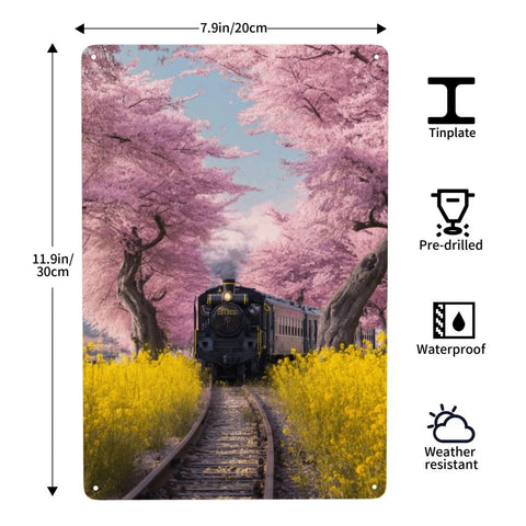 Vintage Steam Train Tin Sign With Cherry Blossom Tunnel And Yellow Wildflowers, 8x12 inch metal plaque decorative wall decor