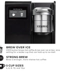 Office Boss Level Single Serve Coffee Maker With Plumbed Water Line, featuring a brew over ice option and five cup sizes.