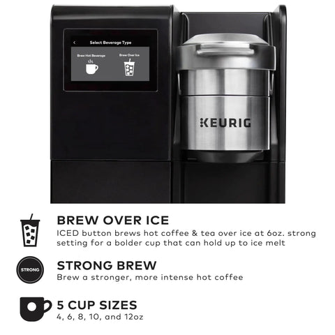 Office Boss Level Single Serve Coffee Maker With Plumbed Water Line, featuring a brew over ice option and five cup sizes.