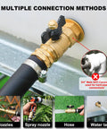 Full Port Brass Garden Hose Shut Off Valve With Butterfly Handle installed on wall with hose, multiple connection methods shown