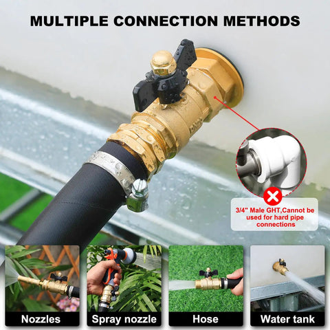 Full Port Brass Garden Hose Shut Off Valve With Butterfly Handle installed on wall with hose, multiple connection methods shown