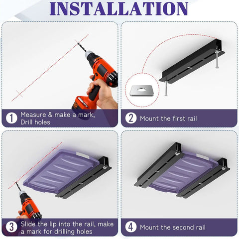Garage Ceiling Storage Rack installation steps with drill and bin system, T-shape mount for overhead organization