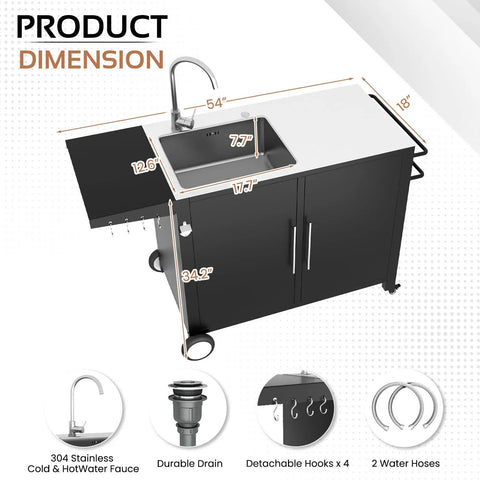 Outdoor Kitchen Sink With Hose Hookup And Stainless Steel Prep Table, Rolling Pizza Oven Stand And BBQ Grill Table dimensions