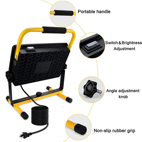 Back view of Work Light With Stand 100W 10000LM showing handle, switch, and grip details, with IP66 waterproof feature for job sites.