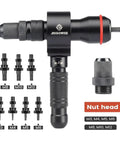 2-In-1 Rivet Gun And Rivet Nut Adapter Kit For Cordless Drills With Carry Case, Fits 18V-24V Tools, visible components.